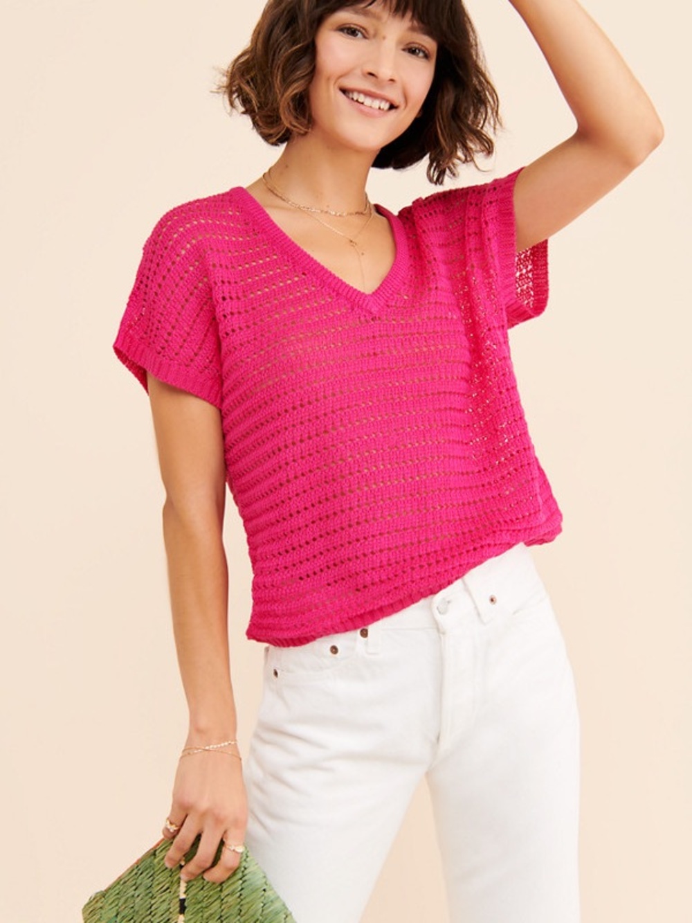 NWT Nation LTD Hot Pink Open Knit Sweater Tee- Oversized Crochet Boho Top